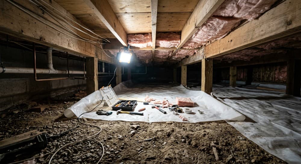 Crawl space interior with vapor barrier and lighting